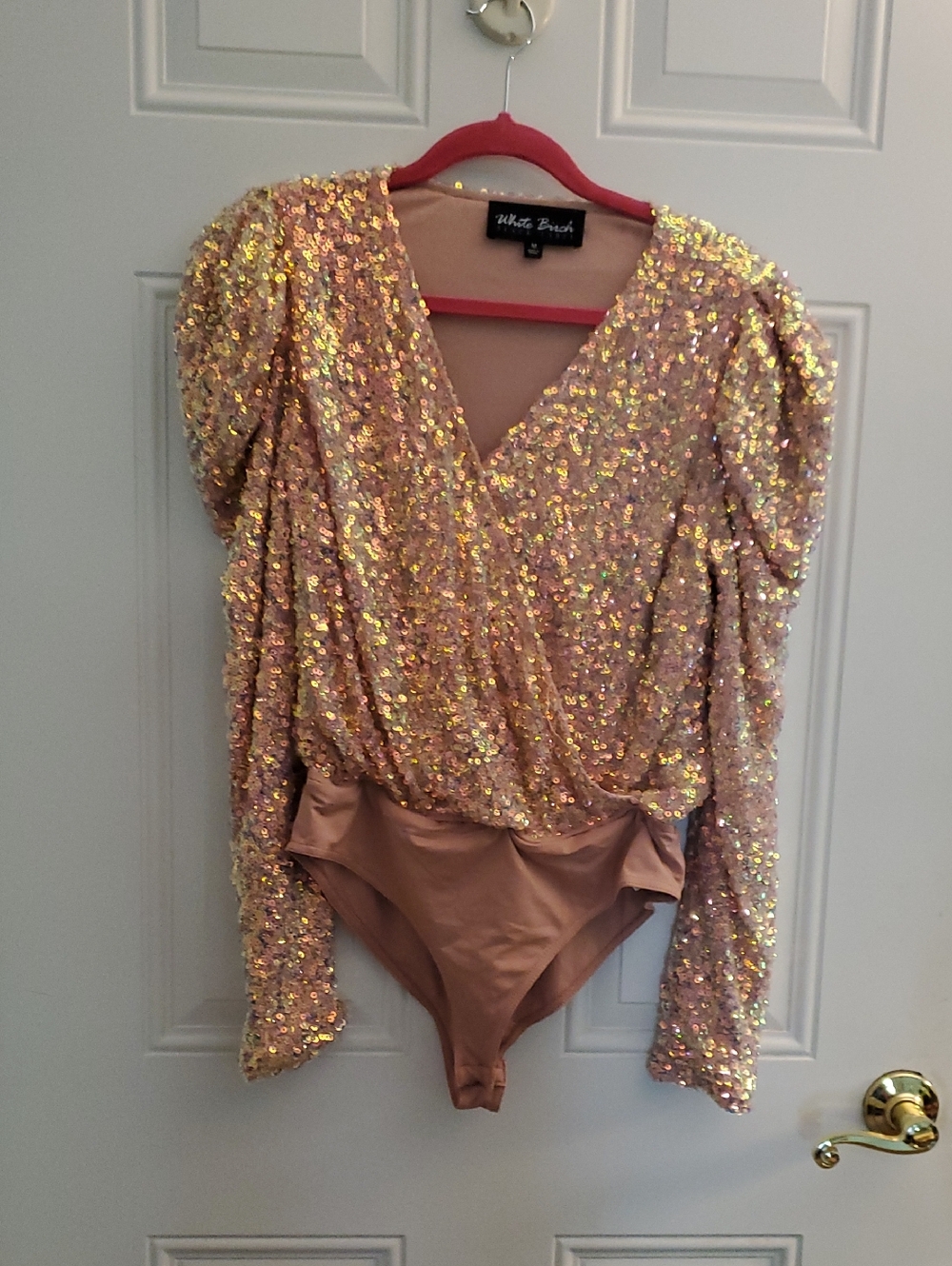 White Birch Pink Gold Sequin Wrap Bodysuit